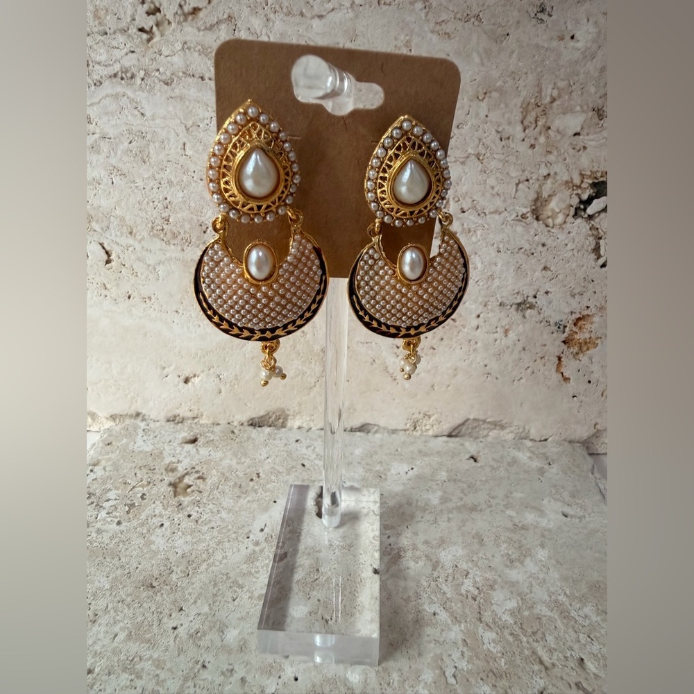 Artisan-Made Gold & Black Drop Earrings with Pearls & Tiny Pearl Details